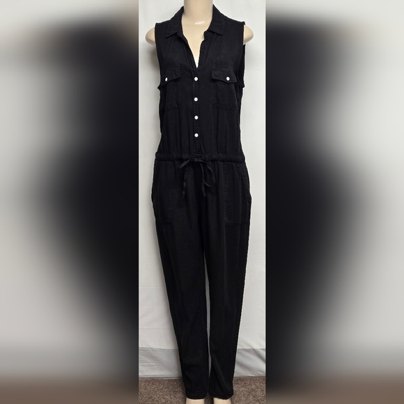 Velvet Heart L Jumpsuit Black Tencel Sleeveless Button Down Elastic Drawstring - Picture 2 of 8